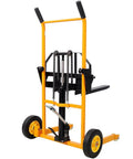 Heavy Duty Hydraulic Manual Lift Stacker With 440 Lb Capacity And Adjustable Forks, rear view showing wheels and lifting mechanism.