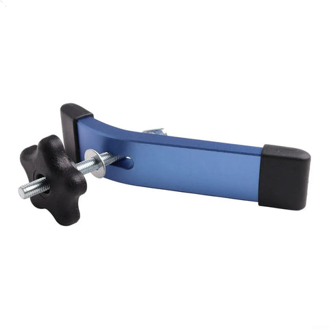 Premium M8 T Slot Hold Down Clamp Kit Blue Anodized Aluminum With Smooth Slide Feature For Router Table And Drill Press Woodworking Stables Materials side view with black knob.
