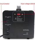 Back view of 1500W Voltage Transformer Converter showing circuit breakers and input voltage selector, dual voltage capability.