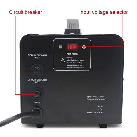 Back view of 1500W Voltage Transformer Converter showing circuit breakers and input voltage selector, dual voltage capability.