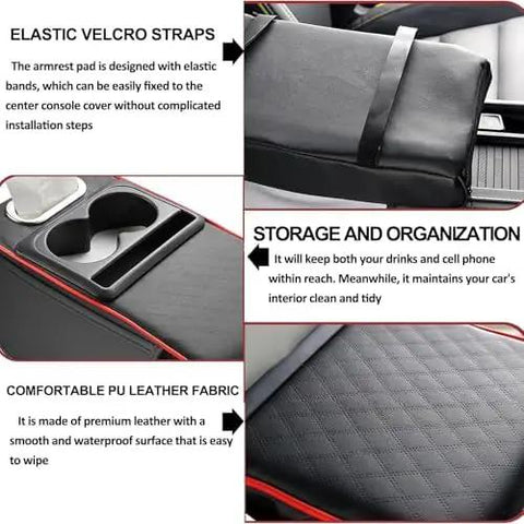 Waterproof Faux Leather Armrest Box Mat With Dual Cup Holders, Phone Slot, Tissues, Side Pockets, Elastic Straps, And Absorbent Cup Coaster on center console