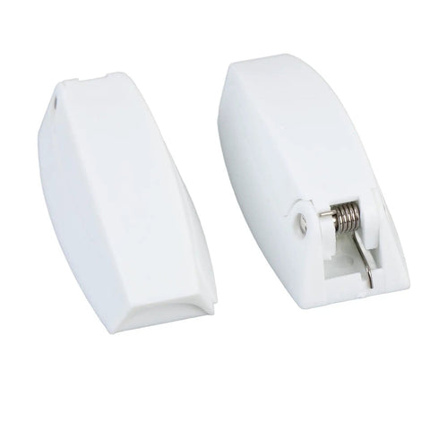 Heavy Duty Rv Baggage Door Catch Latch With Spring Loaded Clamping For Secure Trailer Storage Holder and Cabinet Drawer Security During Road Trips And Daily Travel Adventures, white plastic design, spring mechanism.