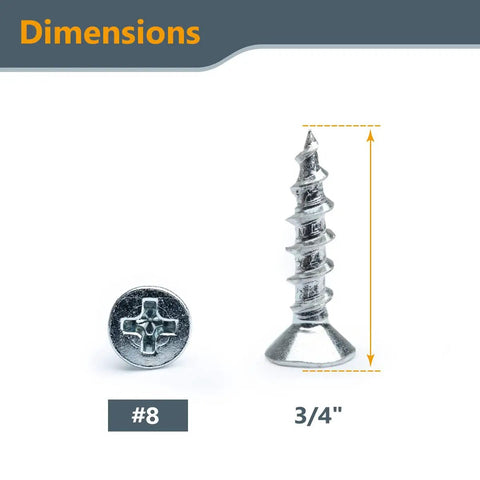 Badass Number Eight X Three Quarters Inch Zinc Plated Wood Screws One Hundred Pack with flat head and Phillips design.