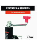 CURT 25006 trailer tongue jack with weld-on pipe-mount, red top-wind handle, side view