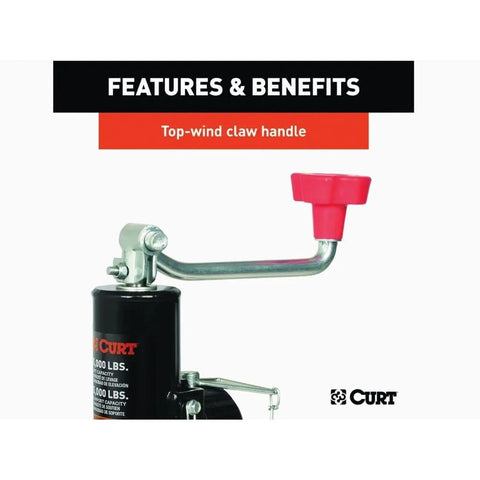 CURT 25006 trailer tongue jack with weld-on pipe-mount, red top-wind handle, side view