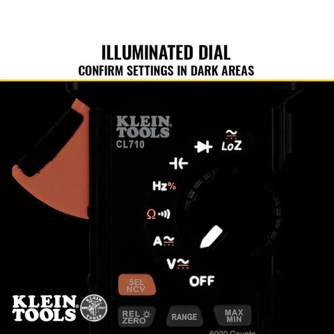 Auto Ranging Digital Clamp Meter With True RMS for AC and DC current and voltage resistance, illuminated dial close-up.