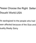 Apology message from Zhoushi World USA regarding size and quality issues.