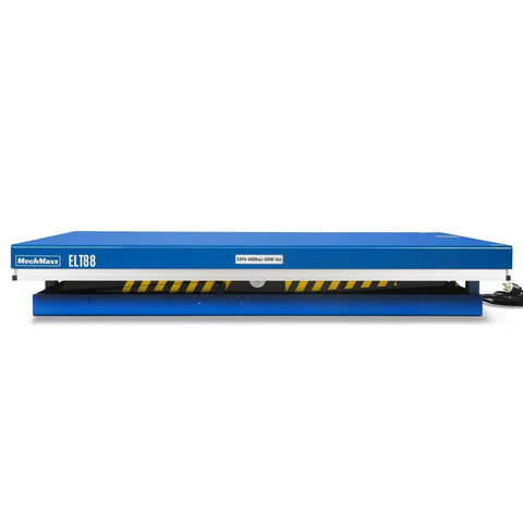 Heavy Duty Electric Hydraulic Lift Table With Wireless Remote 8,800 Lb Capacity Big Platform 66.9 X 47.2 Inches side view with safety markings.