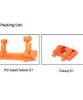 Soldering Helping Hands Kit With Adjustable Third Hand Clamp For PCB Work, orange PC board fixture and clamp tool in packaging.
