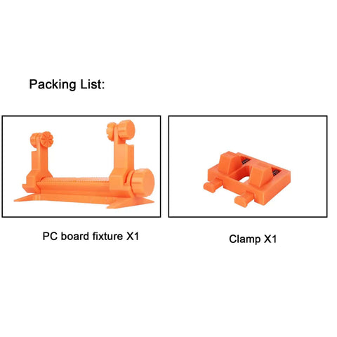 Soldering Helping Hands Kit With Adjustable Third Hand Clamp For PCB Work, orange PC board fixture and clamp tool in packaging.