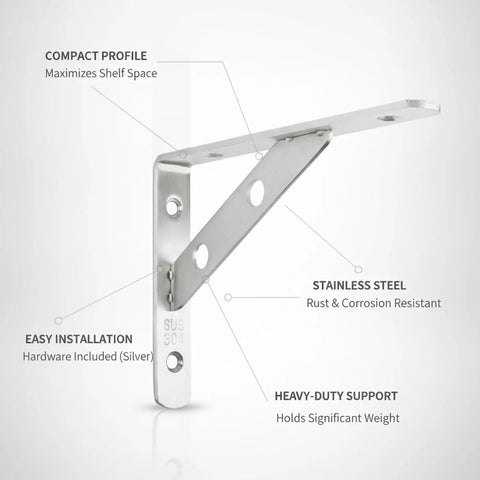 Heavy Duty Wall Mount Shelf Bracket Stainless Steel L Bracket For Kitchen And Bath Storage shown in silver finish