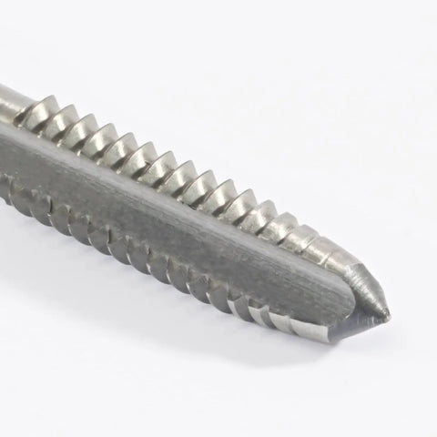 Close-up of metal tip from 5 Piece No 10-24 UNC HSS Machine Tap Set For Right Hand Threads, Pro Grade Metalworking Drill Tap Kit