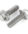 Badass M6X20mm Flanged Hex Bolts Stainless Steel 304 Heavy Duty Fasteners With Integrated Flange Base Zero Rust Guarantee For Truck Mods And Shop Projects 25 Piece Set, two bolts showing flanged design and stainless steel finish.