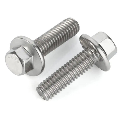 Badass M6X20mm Flanged Hex Bolts Stainless Steel 304 Heavy Duty Fasteners With Integrated Flange Base Zero Rust Guarantee For Truck Mods And Shop Projects 25 Piece Set, two bolts showing flanged design and stainless steel finish.
