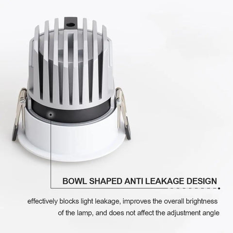 Slick 7Pack LED Recessed Downlight showing bowl shaped anti-leakage design, aluminum build, adjustable retrofit spots for ceilings.