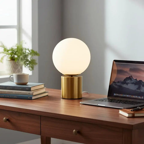 11 Inch Modern Gold Globe Table Lamp with Milk White Glass Shade and Sturdy Metal Base on Desk
