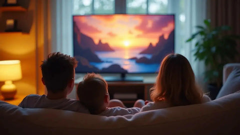 Family enjoying a sunset on a TV connected with a Heavy Duty 12 Feet TV Power Cord Featuring 2 Prong C7 Design.