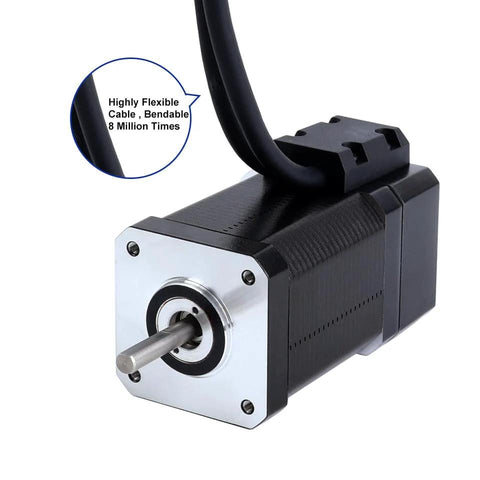 Front view of closed-loop NEMA 17 stepper motor for CNC, silver faceplate and black housing with attached cable