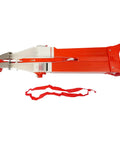 Top view of red Easy To Use Manual Vegetable Seeder And Fertilizer Tool with strap, handheld garden planter for sowing corn and peanuts.