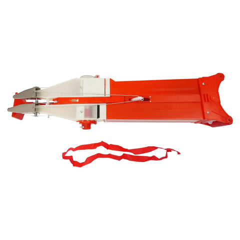 Top view of red Easy To Use Manual Vegetable Seeder And Fertilizer Tool with strap, handheld garden planter for sowing corn and peanuts.