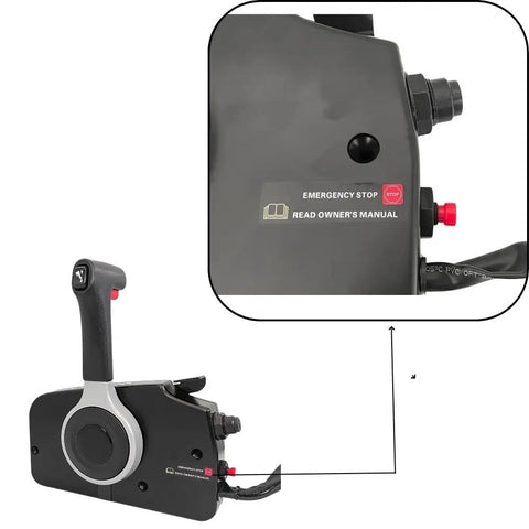 Suzuki Outboard Remote Throttle Control 67200-93J50 with emergency stop button, side view shows control lever and label details.