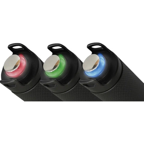 Color indicators on tail switches of 1300 Lumen Narrow Beam Dive Light With Tail Switch For Scuba And Snorkeling, Four Power Levels, Push Button On Off, Battery Level Indicator, 10 Degree Beam, Black Waterproof Underwater Flashlight