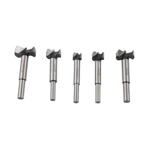 Heavy Duty Forstner Drill Bit Set 15 To 35 Millimeters with Dead Center Tip, 5 pieces, made of 45 steel for woodworking.
