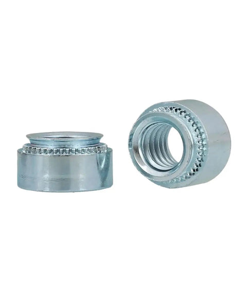 Zinc Plated Carbon Steel Self Clinching Rivet Nutserts M2 To M10 30 Piece Set For Sheet Metal Jobs showing two threaded inserts.