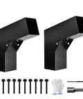 15 Degree Slant Pergola Bracket Kit For 4 By 4 Posts Two Way L Shaped Roof Brackets With Sturdy Stainless Steel Screws For Outdoor Porch And Walkway Fits 3.5 By 3.5 Lumber 2 Pack, showing brackets, screws, gloves, drill bit, and sleeve