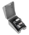 Pro Optical Fiber Cleaver Machine with Tungsten Steel Blade For Precision 90 Degree Cuts in protective case, compact design for telecom jobs.