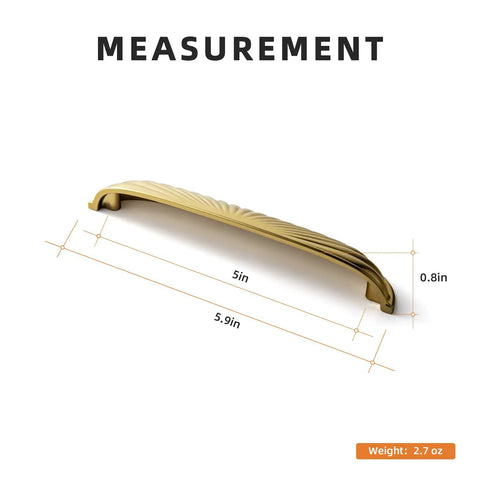 Top Shelf Modern Cabinet Pulls With 5 Inch Hole Centers And Brushed Gold Zinc Alloy Handles For Kitchen Drawers And Furniture Doors Six Pack measurement showing length 5 inches and weight 2.7 oz.