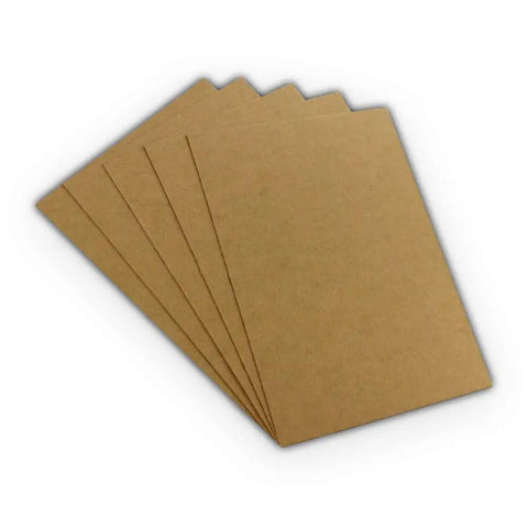Five 8.5 by 11 inch brown chipboard sheets, 0.022 inch thick, for crafting and DIY projects, shown fanned out on white background.