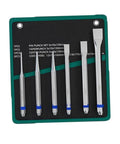 Top-notch 6 Piece Alloy Steel Roll Pin Punch Set With Flat Chisel And Cone Punch Tools Perfect For Watch Repair Machinery Maintenance and Industrial Workshop Jobs Featuring Multiple Sizes For Total Toughness. 6-piece alloy steel punch set in case