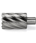 Side view of steel annular cutter with Weldon shank; 1-5/8 in diameter, 2 in cutting depth.