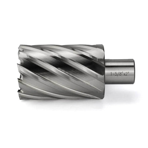 Side view of steel annular cutter with Weldon shank; 1-5/8 in diameter, 2 in cutting depth.