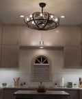 Rustic Ceiling Fan With Eight Dimmable Integrated Lights And Slick Smart Setup In Antique Pecan And Anthracite Finish in a stylish kitchen.