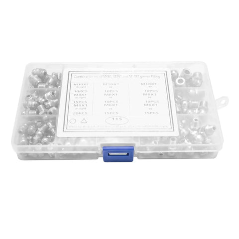 Top Notch 115 Piece Steel Zerk Grease Nipple Fittings Assortment Kit Featuring Straight And Angled M6 M8 M10 Sizes With Smart Spring Sealing For Serious Auto Repair And Heavy Machinery Lubrication Jobs, clear case