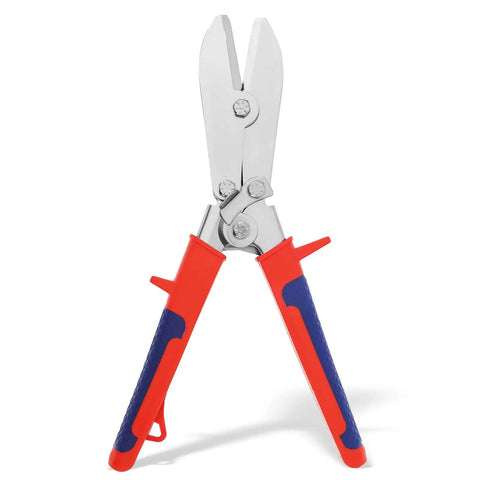 Five Blade Hand Crimper For Gutter And Sheet Metal with red and blue anti-slip handles, rust-resistant build, front view.
