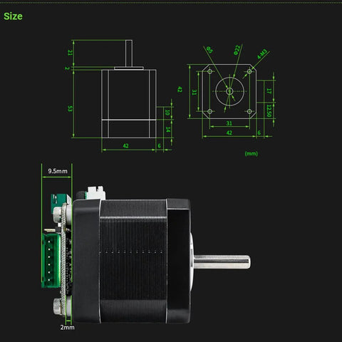 MKS SERVO42C NEMA17 closed-loop servo motor with black ribbed body and green PCB at rear.