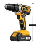 20V Cordless Drill And Screwdriver Combo Kit With Battery Charger side view showing 21.5cm height, heavy-duty design for wood metal plastic.