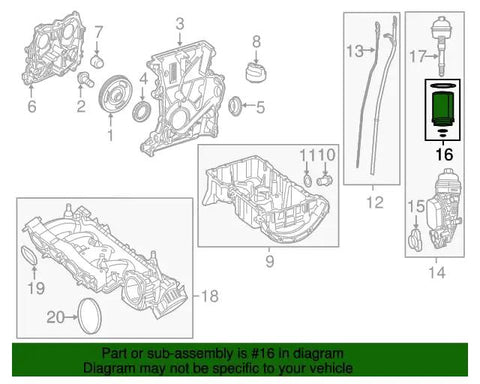 Diagram showing Part #16, Mercedes-Benz Engine Oil Filter OEM Replacement 270 180 01 09 for easy install and durable filtration.