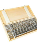 Heavy Duty 8 Piece Extra Long 18 Inch Wood Auger Drill Bit Set in a wooden box, tools wrapped in plastic for storage.