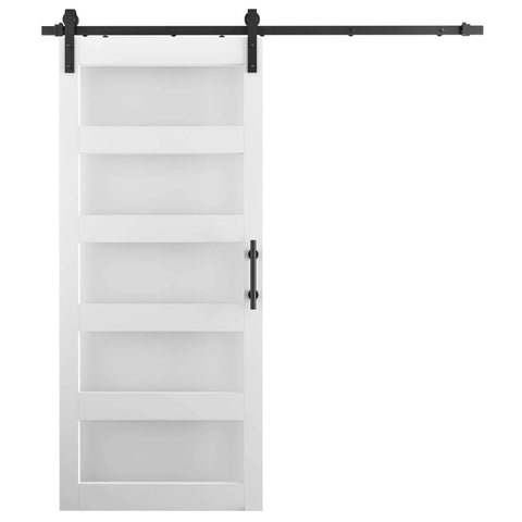 36 Inch By 84 Inch Glass Barn Door Slab In White MDF With Frosted Glass PVC Surface Includes Six Point Six Feet Hardware Kit Door Handle And Floor Guide DIY Friendly And No Fuss Ready To Install, front view