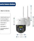 5MP PTZ Outdoor Security Camera With Humanoid Detection shown with included accessories and dimensions.