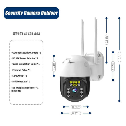 5MP PTZ Outdoor Security Camera With Humanoid Detection shown with included accessories and dimensions.
