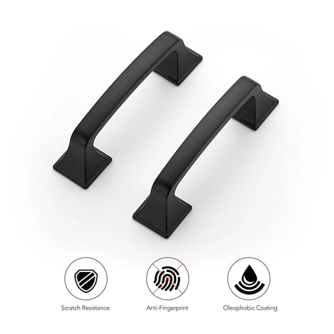 30 Pack Solid 3 Inch Center To Center Square Arch Cabinet Pulls Matte Black For Kitchen Cabinets Drawer Handles Hardware For Cupboards And Doors With 365 Day Satisfaction Guarantee, showing front view with scratch resistance and anti-fingerprint features