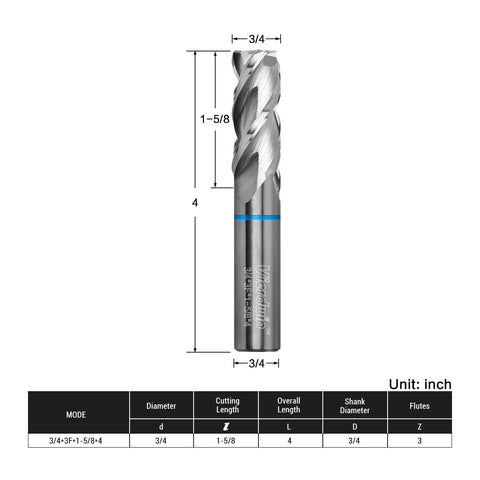 Vierdwin 3-flute carbide end mill, 3/4 in diameter, 4 in OAL for aluminum and copper