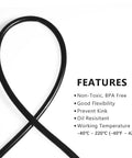 Half Inch ID To Three Quarter Inch OD Heavy Duty Food Grade Silicone Tubing For High Temp Use Vacuum Air Water Transfer Hose FDA Compliant USDA Approved 3.28 Ft Length coiled with features listed such as non-toxic and flexible.