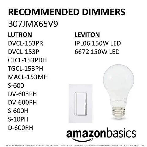 Recommended dimmers for LED A19 Light Bulbs 9W 60 Watt Equivalent Dimmable Soft White 2700K E26 Base with dimmer list and bulb image