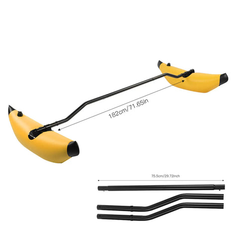 Outrigger Stabilizer Kit for Kayaks and Canoes, Inflatable Foldable Floating Balance Accessory, Yellow, with measurements shown
